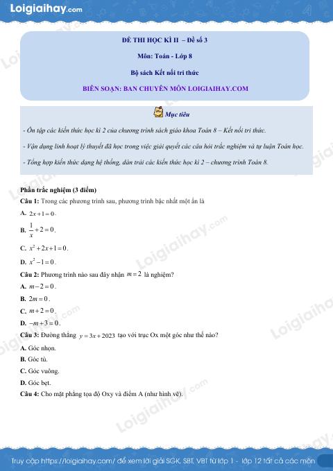Đề thi học kì 2 Toán 8 - Đề số 3 - Kết nối tri thức
